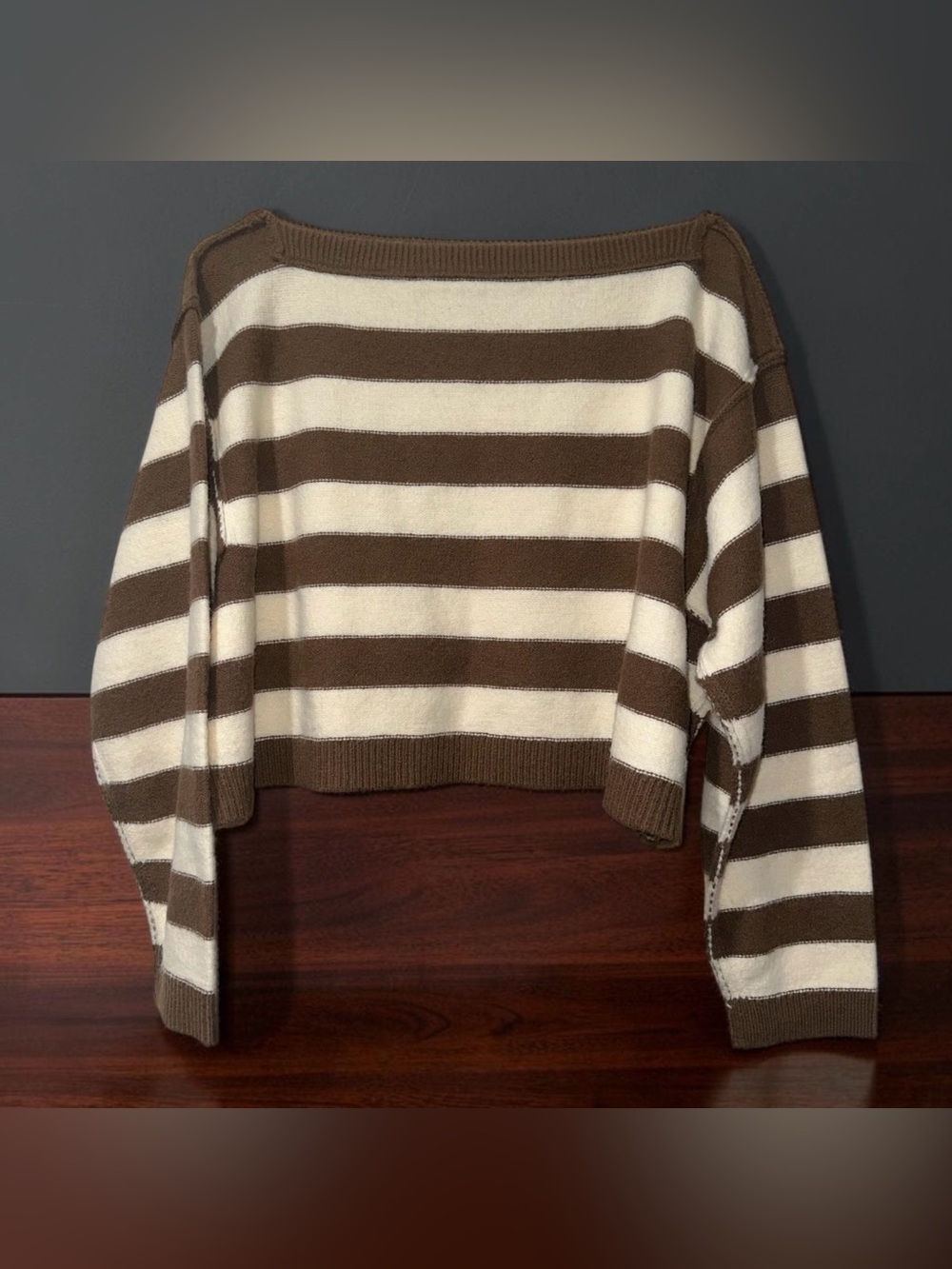 J.O.A. Striped Cropped Oversized Sweater in Brown & White Size Small Like New